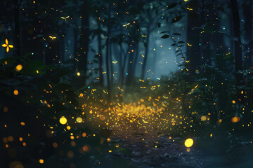 Wall Mural - Fireflies flying in the dark, Glowing bugs in night forest