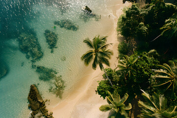 Wall Mural - Coastline at tropical beach with palms and turquoise ocean , summertime banner mockup. Summer travel sales and vacation concept.