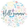 Hello summer banner with doodle elements. Cute hand drawn illustration of summer holiday, nature. Welcome card with lettering, vector graphic