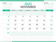 Calendar 2025 template vector on green background, November 2025 template, Planner, week start on Sunday,  Desk calendar 2025 design, minimal wall calendar, Corporate planner template vector