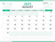 Calendar 2025 template vector on green background, August 2025 template, Planner, week start on Sunday,  Desk calendar 2025 design, minimal wall calendar, Corporate planner template vector