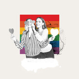 Fototapeta Sport - Young smiling girl covering eyes of her girlfriend, surprising her. Celebration of love. Contemporary art collage. Concept of LGBT, equality, pride month, support, love, human rights, event