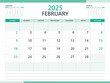 Calendar 2025 template vector on green background, February 2025 template, Planner, week start on Sunday,  Desk calendar 2025 design, minimal wall calendar, Corporate planner template vector