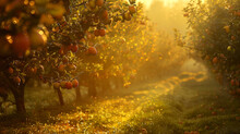 The Serene Ambiance Of An Early Harvest Apple Orchard At Dawn, With The Soft Golden Light Of The Morning Sun Casting A Warm Glow On The Trees And Illuminating The Dew-kissed Fruit Nestled Among