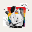 © master1305 - Young people, women kissing, showing love to each other against rainbow color background. Lesbian relationship. Contemporary art collage. Concept of LGBT, equality, pride month, support, love