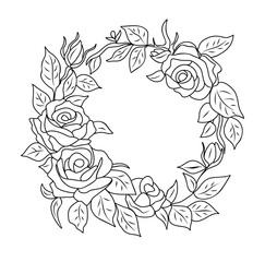 Sticker - Hand drawn botanical wreath line art vector illustration isolated on transparent background. Circle frame with rose flowers in black ink sketch style. Elegant wedding invitation design.	
