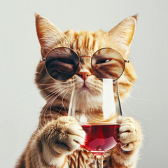 Cat sommelier in sunglasses. Minimalist pet portrait with copy space. Wine culture concept for design, greeting card, and invitation.