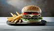 delectable hamburger and fries platter, highlighting the artistry of food presentation and culinary craftsmanship.background