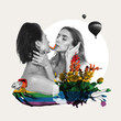 © master1305 - Monochrome image of loving young women kissing, eating jelly candy against abstract colorful background. Contemporary art collage. Concept of LGBT, equality, pride month, support, love, event