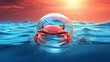 Artistic interpretation of the Cancer symbol with a stylized crab encased in a protective bubble floating over a tranquil sea reflecting the nurturing and safeguarding traits