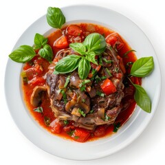 Wall Mural - White plate showcasing Italian Osso Buco with meat and vegetables