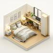 Minimalist modern bedroom. 3D isometric illustration