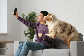 Wall Mural - Young man with Australian Shepherd dog taking selfie on sofa at home