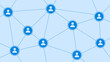 Social network with interconnected blue user icons linked by dotted lines on a light blue background