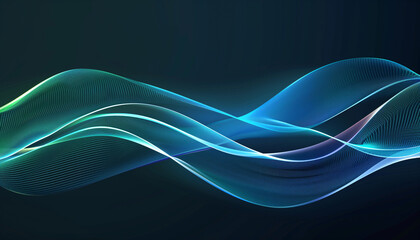 Poster - Vector wave dynamic lines. Smooth curve blue green gradient on dark background. Luxury background for your design: technology, digital, communication, science.