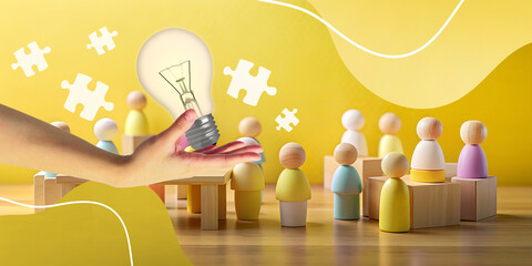 Aufkleber - Business Idea Background. Analysis meetings with planning business goals and developing new knowledge in future. Wooden toy, yellow, hands, light bulbs, creativity, jigsaws, processes, 3d rendering