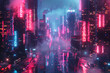 Cyberpunk Metropolis with Pink and Blue Neon lights. Night scene with Advanced Architecture, 3D illustration