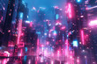 Cyberpunk Metropolis with Pink and Blue Neon lights. Night scene with Advanced Architecture, 3D illustration