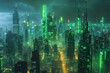 Cyberpunk Metropolis with Green and Blue Neon lights. Night scene with Advanced Architecture, 3D illustration