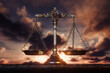 Scales Of Justice On Sunrise Landscape Background