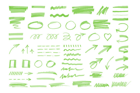 Green highlighter elements set, hand drawn marker stripe. Underline, colorful text mark. Markers brushes underline collection. Vector illustration isolated on white background