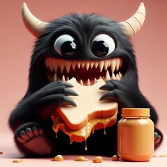 Sticker - AI generated illustration of a cartoon monster enjoying peanut butter toast