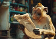 A monkey sitting reading a newspaper, a funny advertising commercial
