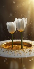 Wall Mural - Two white tulips stood majestically on a golden table, their petals gracefully releasing a shower of gold dust.