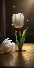 Wall Mural - Two white tulips stood majestically on a golden table, their petals gracefully releasing a shower of gold dust.