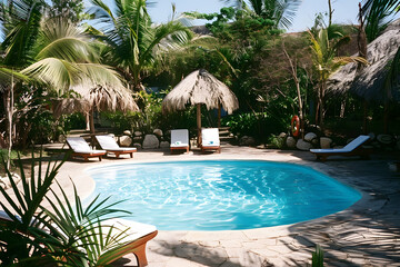 Wall Mural - Swimming pool and sun loungers at stylish tropical spa hotel, summertime banner mockup. Summer travel sales and vacation concept.