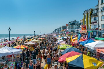 Vibrant Beachfront Market Scene with Bustling Crowd and Colorful Umbrellas