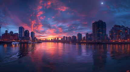 Wall Mural - City Skyline at Sunset with Reflections on the River
