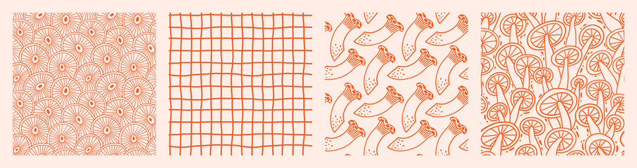Mushroom seamless pattern set in hand drawn outline style. Cute doodle vector print with plaid and mushrooms. Collection of trendy neutral backgrounds.