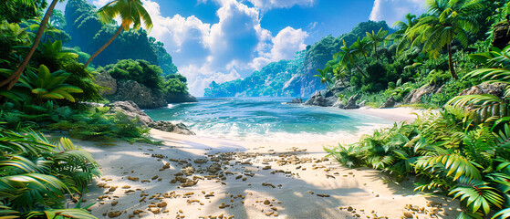 Wall Mural - Idyllic Tropical Beach with Palm Trees and Clear Blue Waters, Sunny Day at an Exotic Island Resort