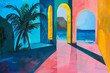 Colorful seaside mural with palm tree and arch windows