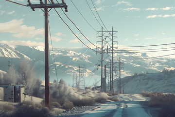 a network of transmission lines stretches across the landscape, conveying energy with towers and cab