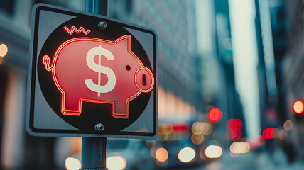 Wall Mural - An indicator with a piggy bank on the background of an urban landscape in daylight