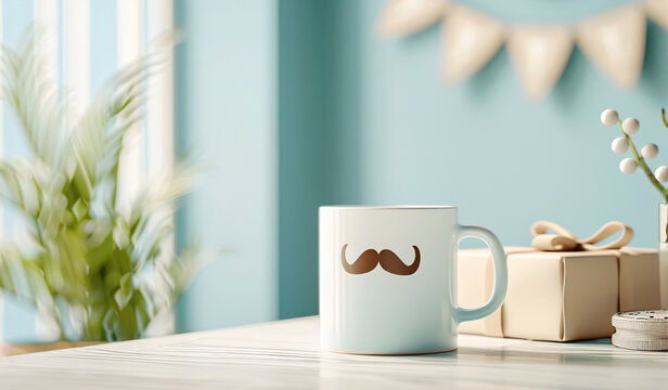 Father's Day celebration background adorned with a gift box mug calendar mustache heart shape illustration and vector