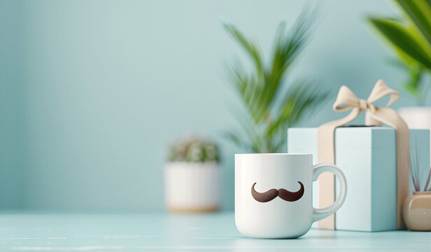 Father's Day celebration background adorned with a gift box mug calendar mustache heart shape illustration and vector