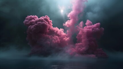 Poster - As the screen fades into darkness, a solitary spotlight pierces the void, illuminating our brand. Around it, vibrant bursts of pink smoke emerge, creating a mesmerizing spectacle. 