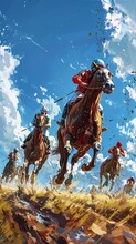 A Captivating Horse Racing Game Wallpaper Featuring Riders On Running Horses Against A Backdrop Of A Clear Blue Sky. Game Art Design