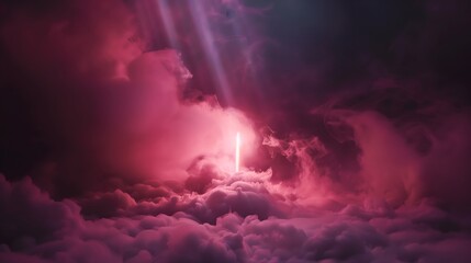 Poster - As the screen fades into darkness, a solitary spotlight pierces the void, illuminating our brand. Around it, vibrant bursts of pink smoke emerge, creating a mesmerizing spectacle. 