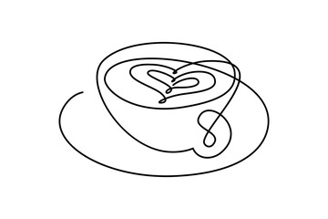 Wall Mural - Coffee cup in continuous line art drawing style. Cappuccino drink with heart shaped latte art. Black linear design isolated on white background. Vector illustration