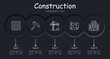 Construction set icon. Shovel, key, hand, wall, brick, hammer, cross, bunch of keys, nail, screw, infographic, neomorphism, construction plan, roller, painting, apartment layout. Building concept.