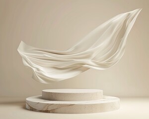 Poster - 3D display podium with flying beige color silk cloth curtain in motion. Beige background with white stone pedestal.