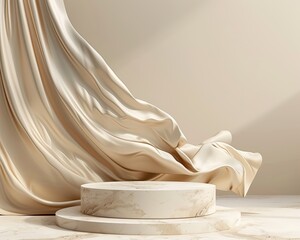 Poster - 3D display podium with flying beige color silk cloth curtain in motion. Beige background with white stone pedestal.