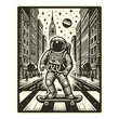 astronaut on a skateboard in the city retro illustration