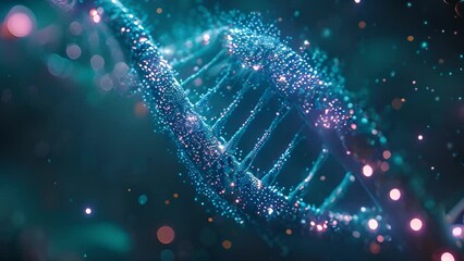Poster - a digital illustration of a luminous dna strand with sparkling nodes.