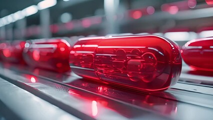 Poster - capsules being processed on a conveyor belt in a modern manufacturing plant.