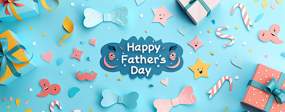 Father's Day celebration background adorned with a gift box mug calendar mustache heart shape